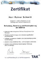 Zertifikat für Teilnahme am TAK-Seminar 'Befundung, Bewertung und Kostenplanung Oldtimer'